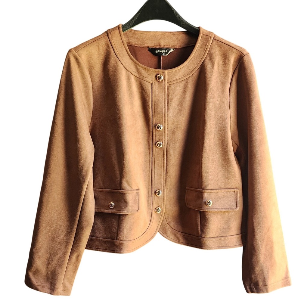 Allegra K Womens Jacket Brown Faux Suede Cropped Gold Button L
